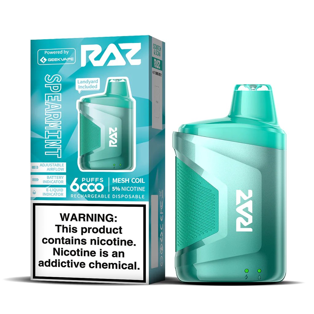 spearmint-flavor-raz-ca6000-disposable-vape.jpg Spearmint Flavor RAZ CA6000 Disposable Vape - Image 1